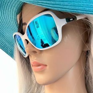 Oakley Obsessed Sunglasses White Frames Blue Mirrored Polarized Lenses